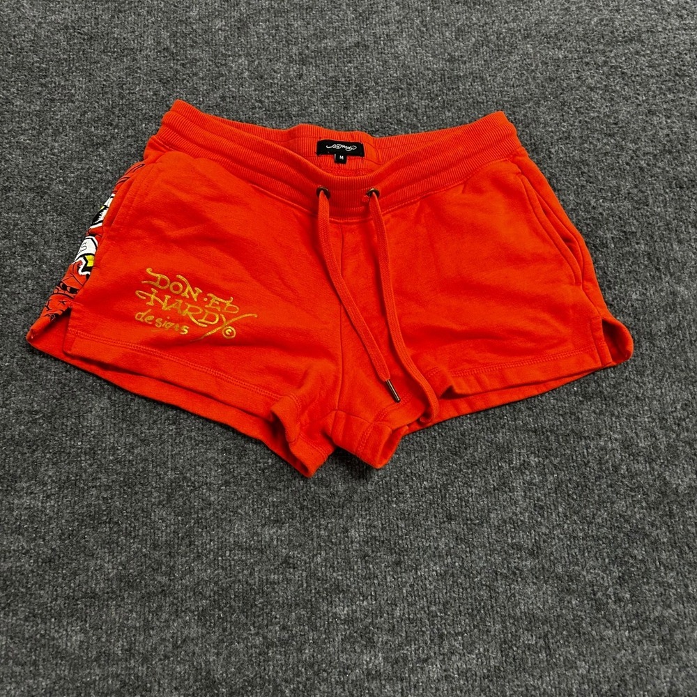 Ed Hardy Shorts Womens Size M Orange Tattoo Graphic Foil Logo EHWS1015-3